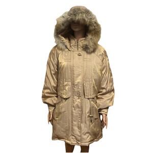 VINTAGE J. Gallery Down Coat Jacket Duck Feathers Size M Fox Fur Hood Gold